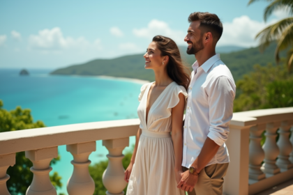 Jeune couple en voyage sur un balcon tropical ensoleille