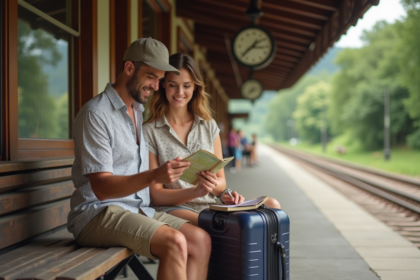 Couple assis sur un banc à la gare en voyage