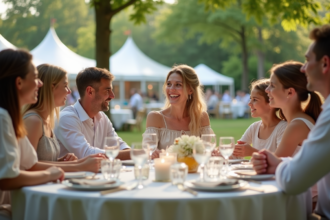 Groupe de cousins lors d'une réception de mariage en extérieur