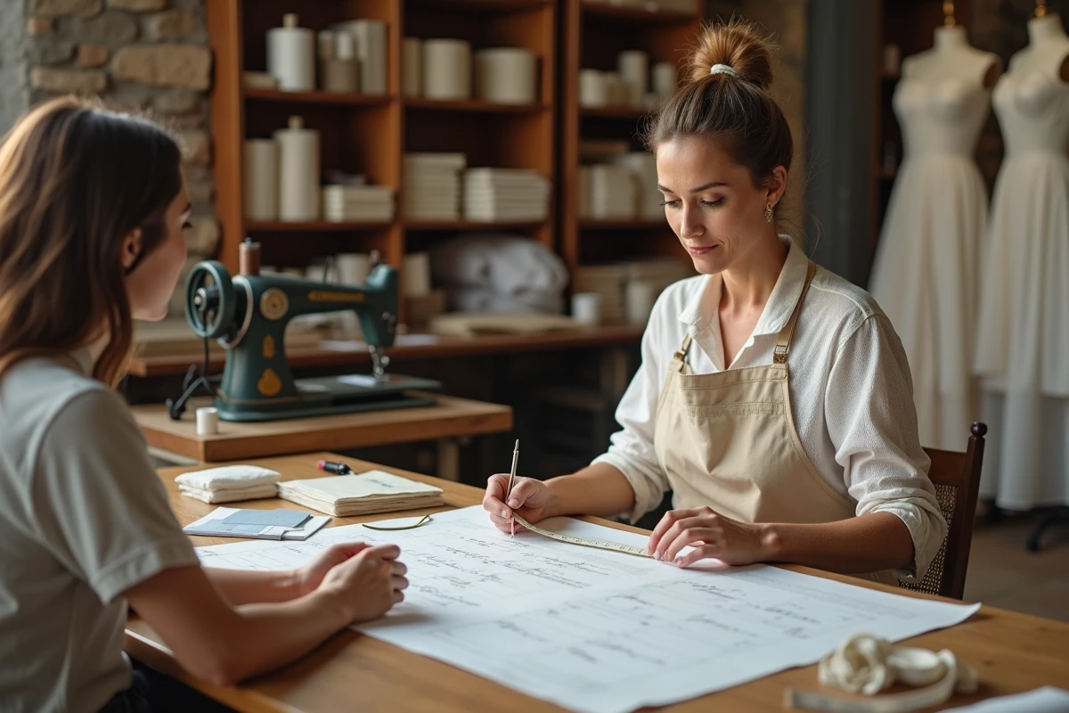 Couturière et future mariée examinant ensemble les options de confection sur mesure et les tarifs d'une robe de mariée