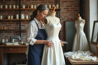 Couturière épinglant l'ourlet d'une robe de mariée en satin ivoire dans un atelier de retouches