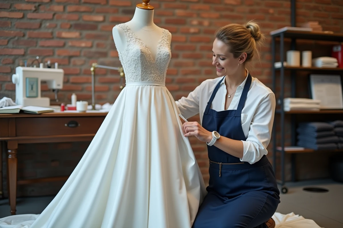 Couturière professionnelle épinglant l'ourlet d'une robe de mariée blanche dans un atelier de retouches