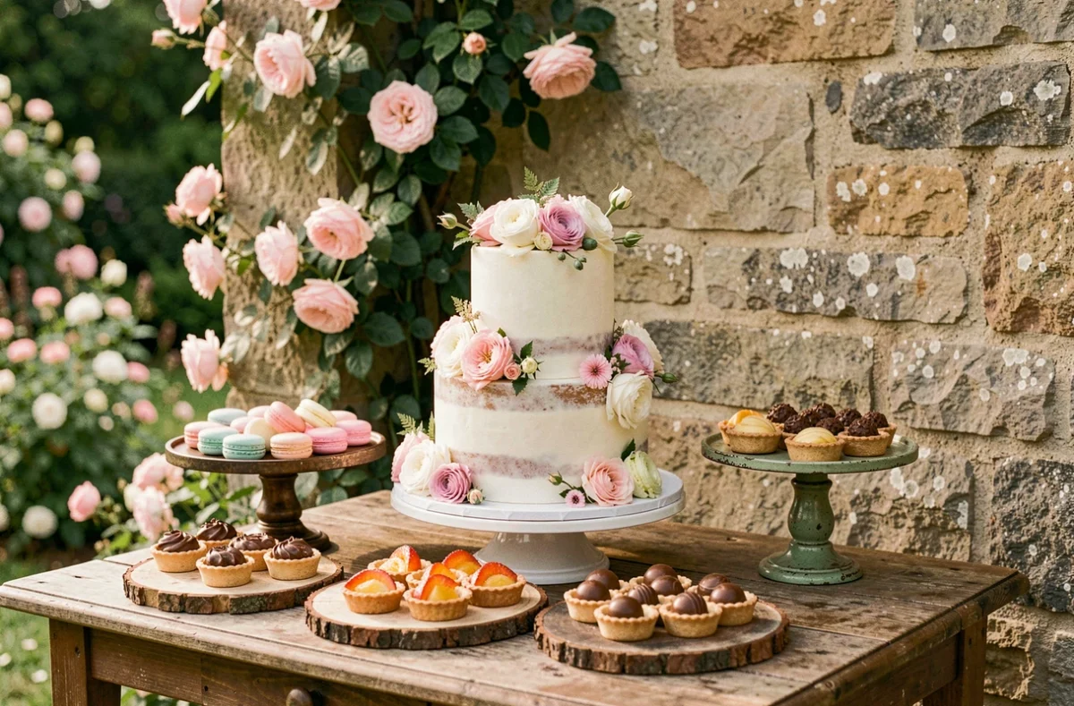 Table de desserts créative dressée par Création Gourmande pour un mariage en jardin dans les Yvelines