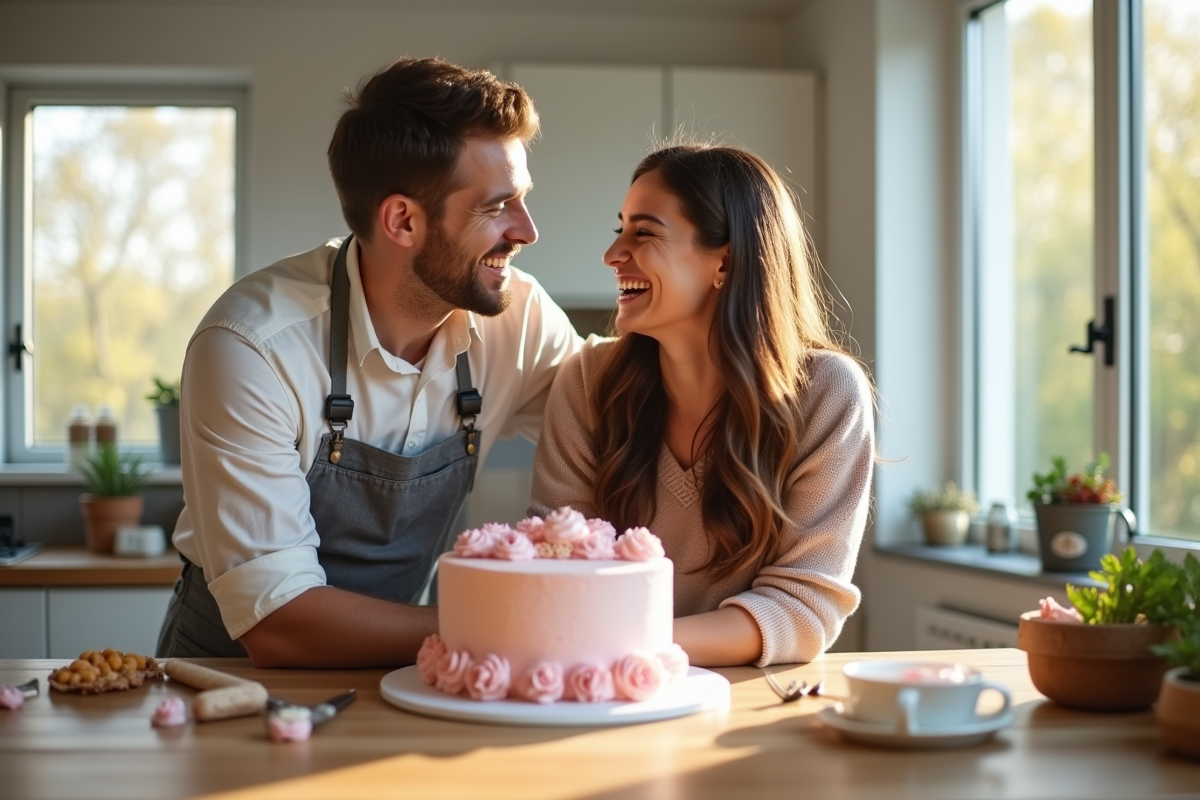Couple riant en préparant un gâteau d anniversaire dans la cuisine