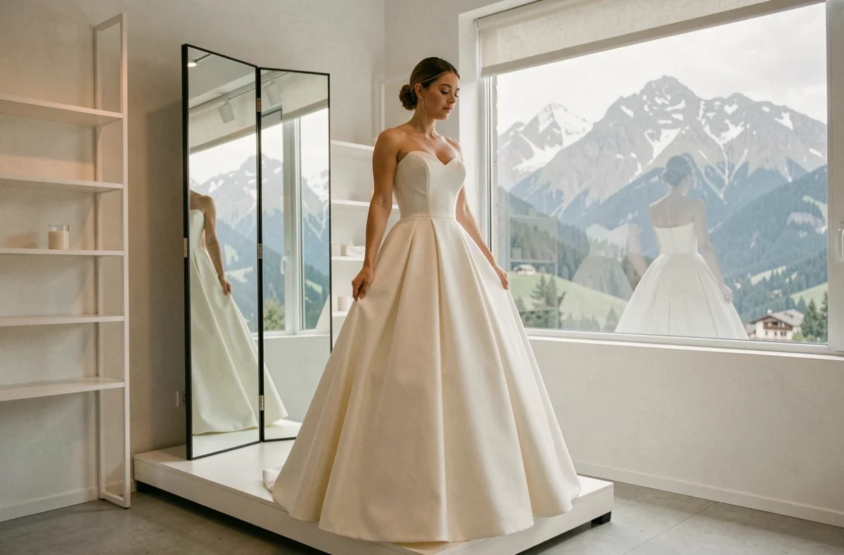 Future mariée essayant une robe de mariée Cymbeline dans la boutique de Grenoble avec vue sur la montagne
