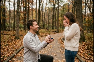 Homme faisant sa demande en mariage dans un parc en automne avec une bague personnalisée dans un écrin de velours