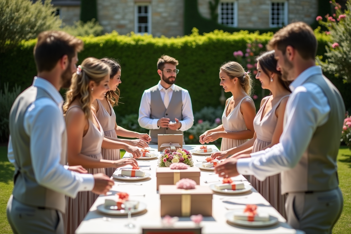 Demoiselles et jeunes hommes préparant des cadeaux dans un jardin
