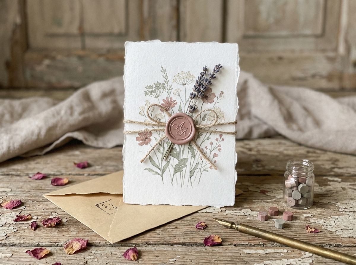 Détail d'un faire-part de mariage champêtre avec sceau de cire, brindille de lavande séchée et papier coton texturé