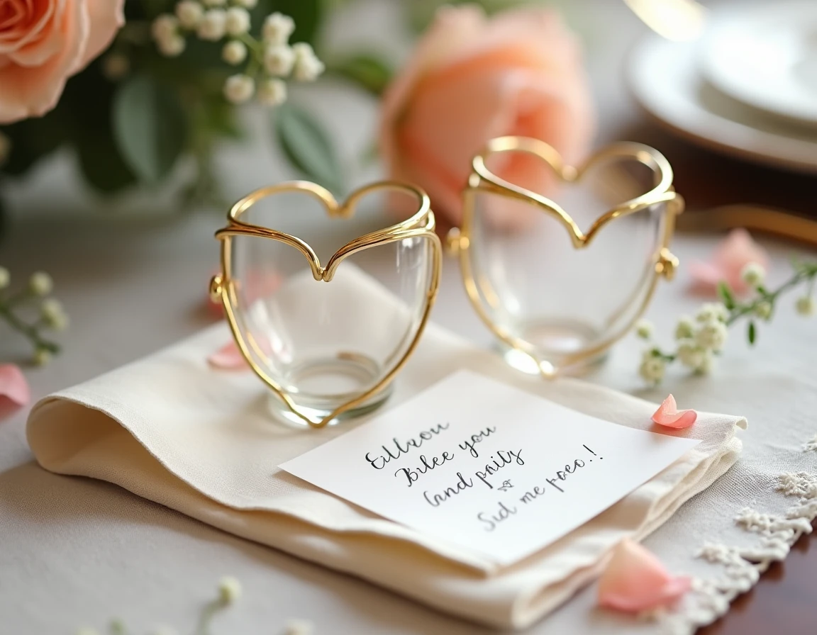 Détail de table de mariage avec lunettes en forme de cœur et carte de vœux manuscrite pour cérémonie laïque