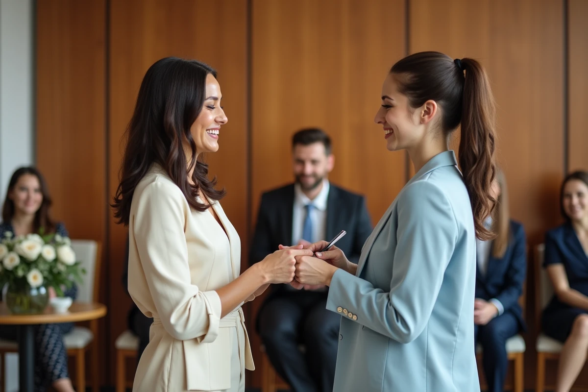 Deux femmes échangeant leurs vœux dans une salle moderne