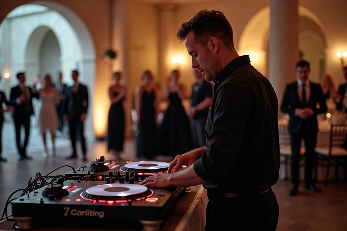 DJ de mariage au pupitre préparant la musique d'entrée dans une salle de réception élégante