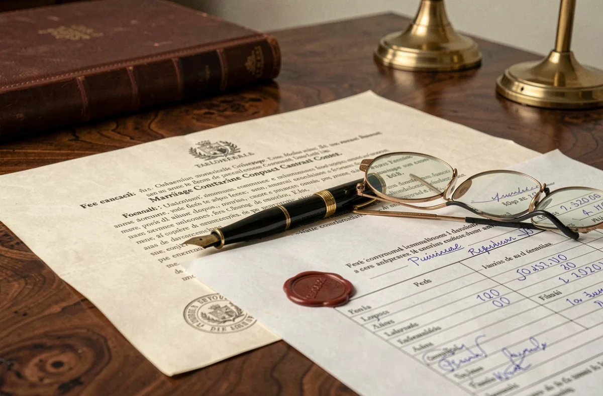 Documents notariaux et barème de tarifs pour un contrat de mariage posés sur un bureau en noyer avec un stylo plume