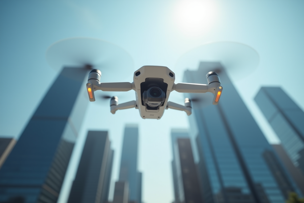 Drone en vol au-dessus d une ville moderne au soleil
