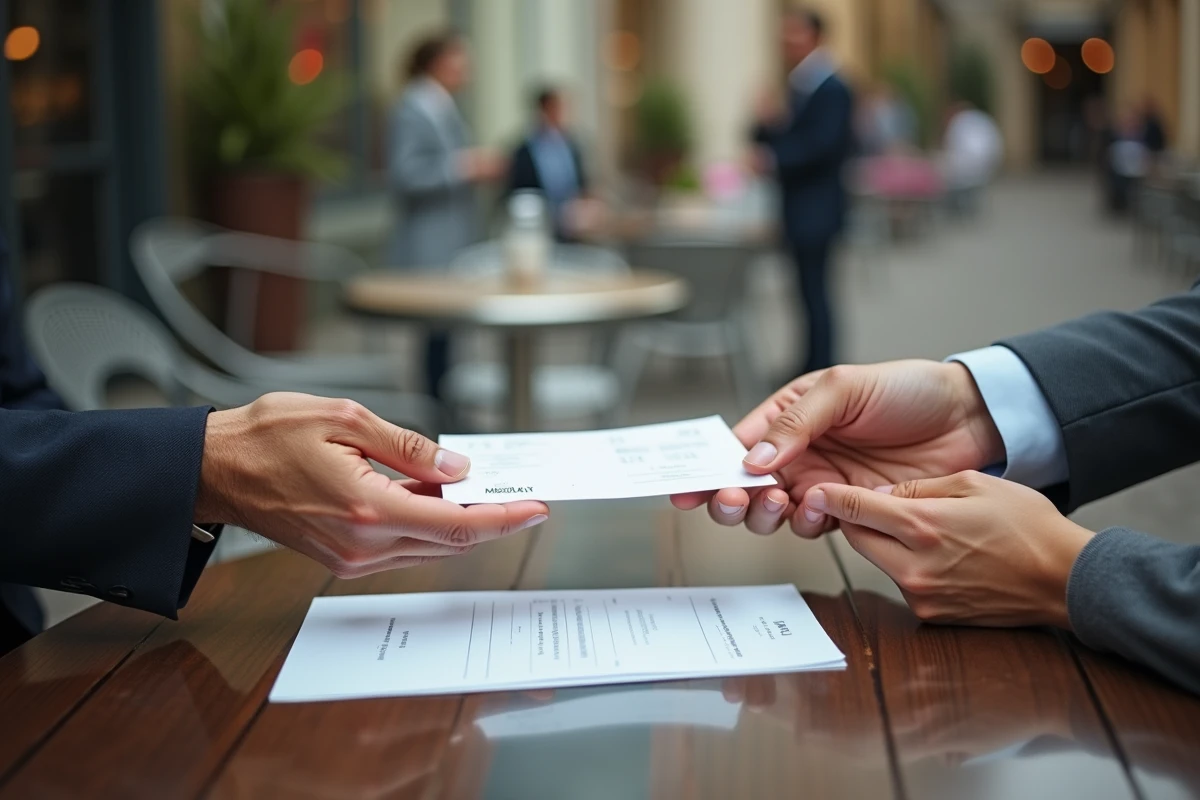 Main d’un parent et d’un jeune marié échangeant des papiers