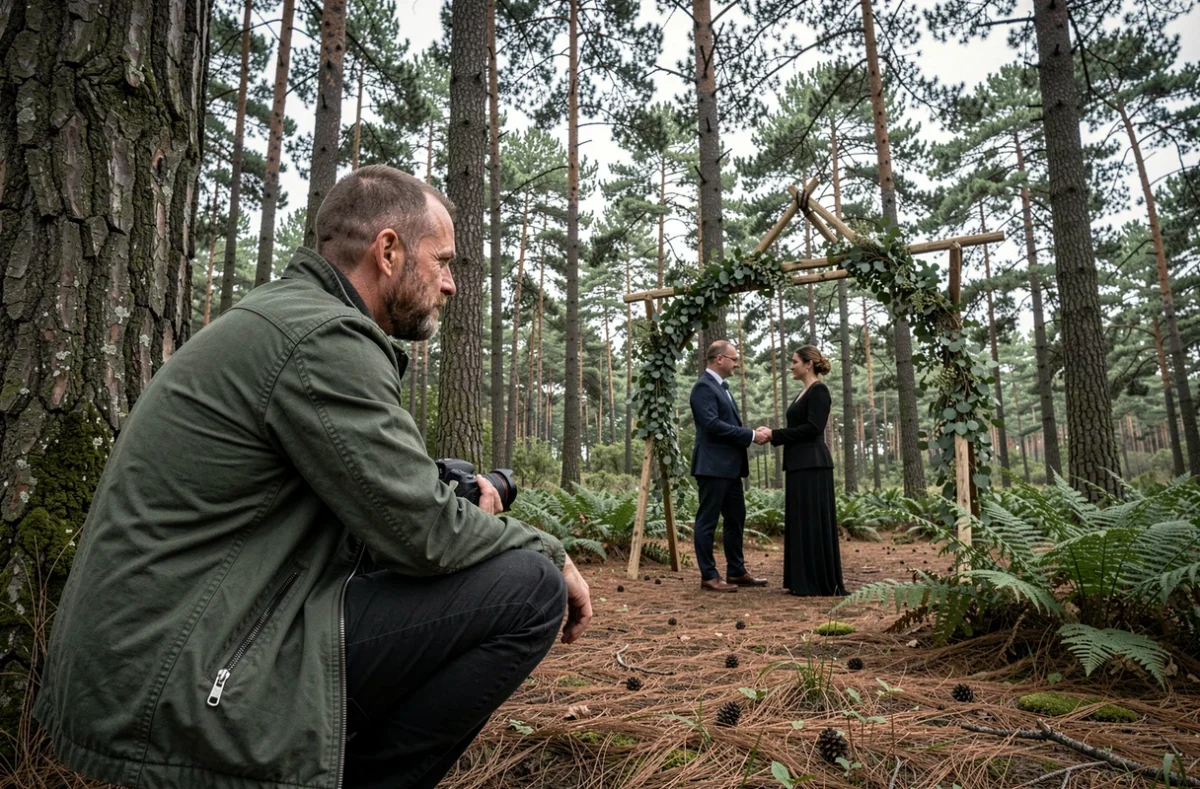 Emmanuel Clemence accroupi près d'un chêne centenaire photographiant une cérémonie de mariage en forêt landaise