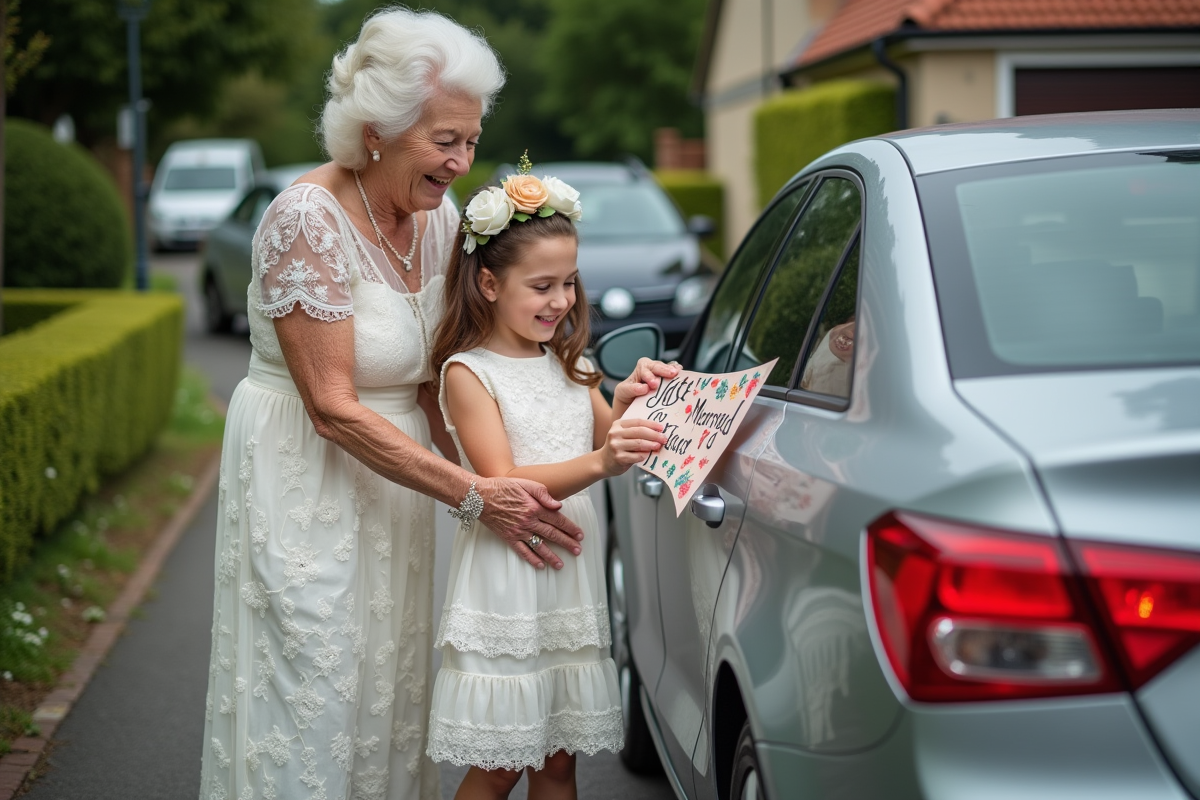 Jeune fille et femme attachant un panneau mariage sur une voiture