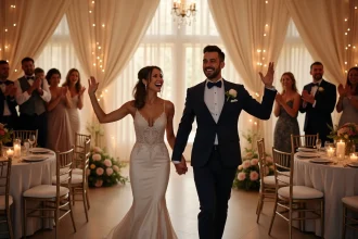 Couple de mariés faisant une entrée remarquée dans la salle de réception sous les applaudissements des invités