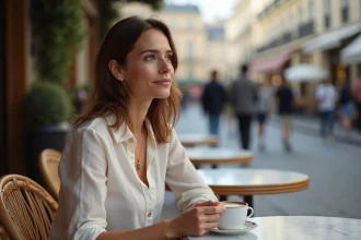 Femme élégante assise en terrasse de café à Paris, tenant une tasse d'espresso, illustrant la vie privée et le quotidien d'une personnalité publique en 2026