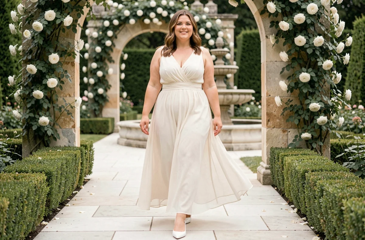 Mariée ronde marchant dans un jardin fleuri avec des escarpins blancs à kitten heel affinant la silhouette