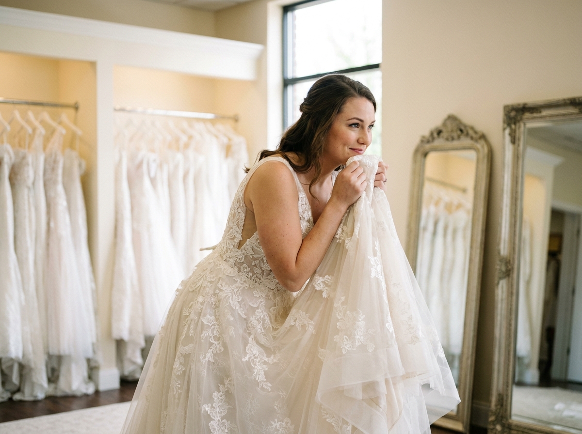 Jeune femme essayant une robe de mariée ivoire élégante dans une boutique de mariage avec des robes en arrière-plan
