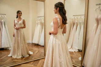 Jeune mariée essayant une robe de mariée en dentelle ivoire devant un miroir dans une boutique élégante à Montpellier