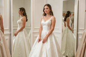 Jeune mariée essayant une robe de mariée princesse en dentelle dans une boutique, vue en pied avec reflet dans un miroir