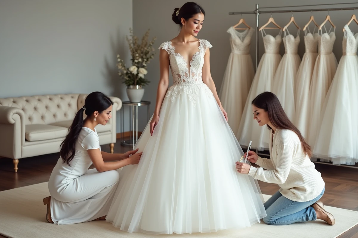 Essayage d'une robe de mariée en boutique avec prise de mesures pour les retouches