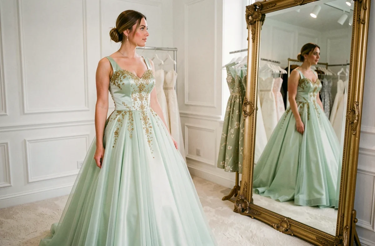 Essayage d'une robe de mariée vert d'eau et dorée dans une boutique de luxe avec miroir doré