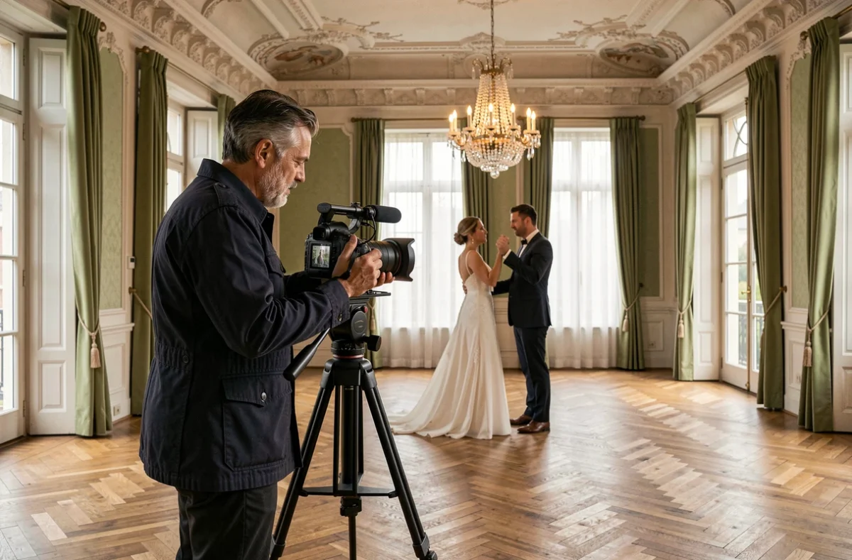 Eudes Metivier filmant la première danse d'un mariage dans le grand salon d'une chartreuse bordelaise restaurée