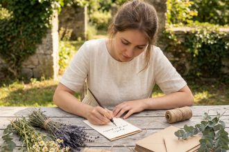 Femme écrivant à la main un faire-part de mariage champêtre sur une table en bois entourée de fleurs séchées et d'eucalyptus