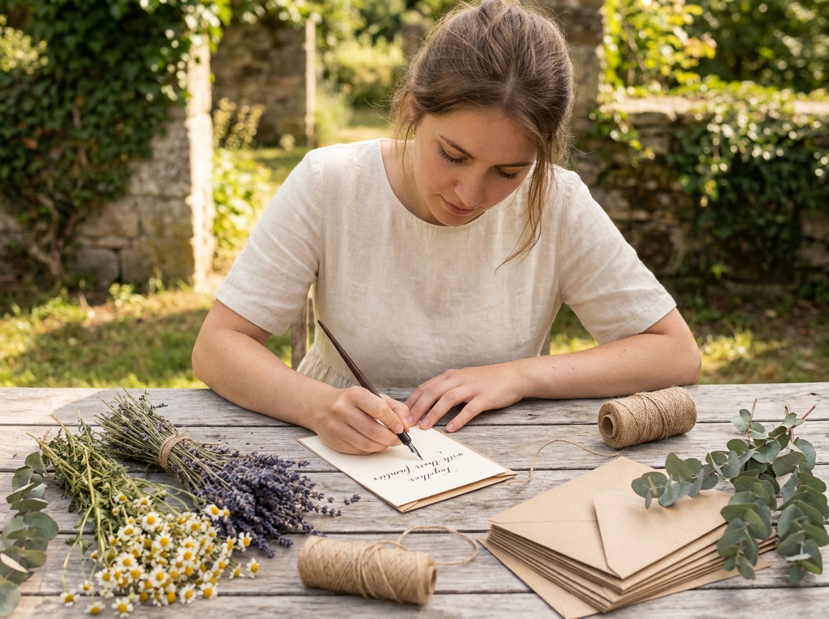 Femme écrivant à la main un faire-part de mariage champêtre sur une table en bois entourée de fleurs séchées et d'eucalyptus