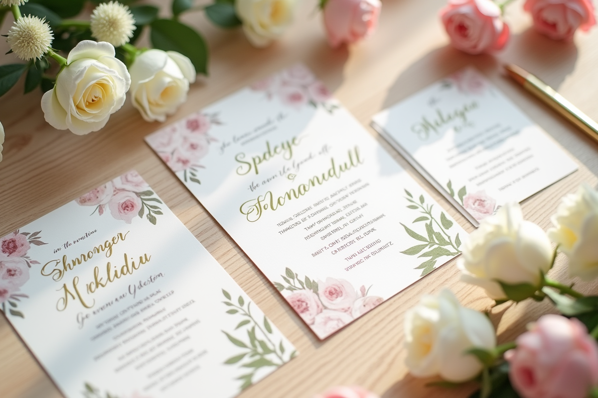 Faire-part de mariage décoré avec calligraphie et fleurs