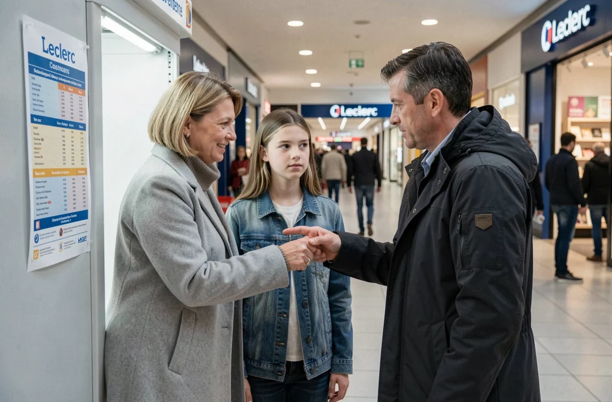 Famille lisant la grille tarifaire d'une borne photo devant un centre commercial Leclerc