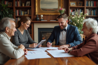 Jeune couple en famille discutant du budget mariage à la maison