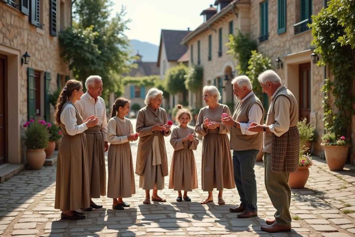 Famille multigenerational dans une place de village rural