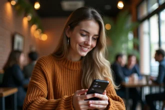 Jeune femme consultant une application de compatibilité astrologique sur son smartphone dans un café cosy