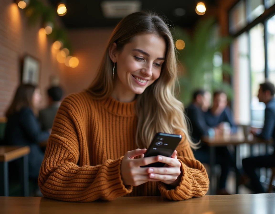 Jeune femme consultant une application de compatibilité astrologique sur son smartphone dans un café cosy