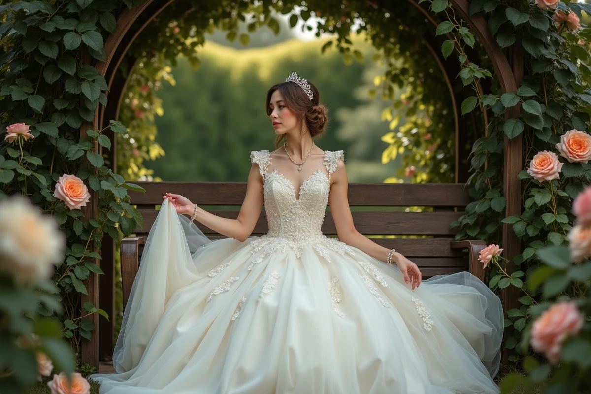 Bride assise dans un jardin avec robe vintage et roses