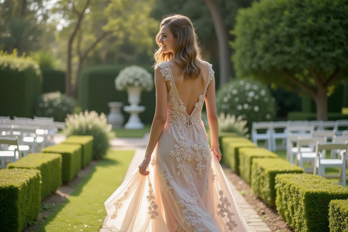 Jeune femme marchant dans un jardin lors d’un mariage en extérieur