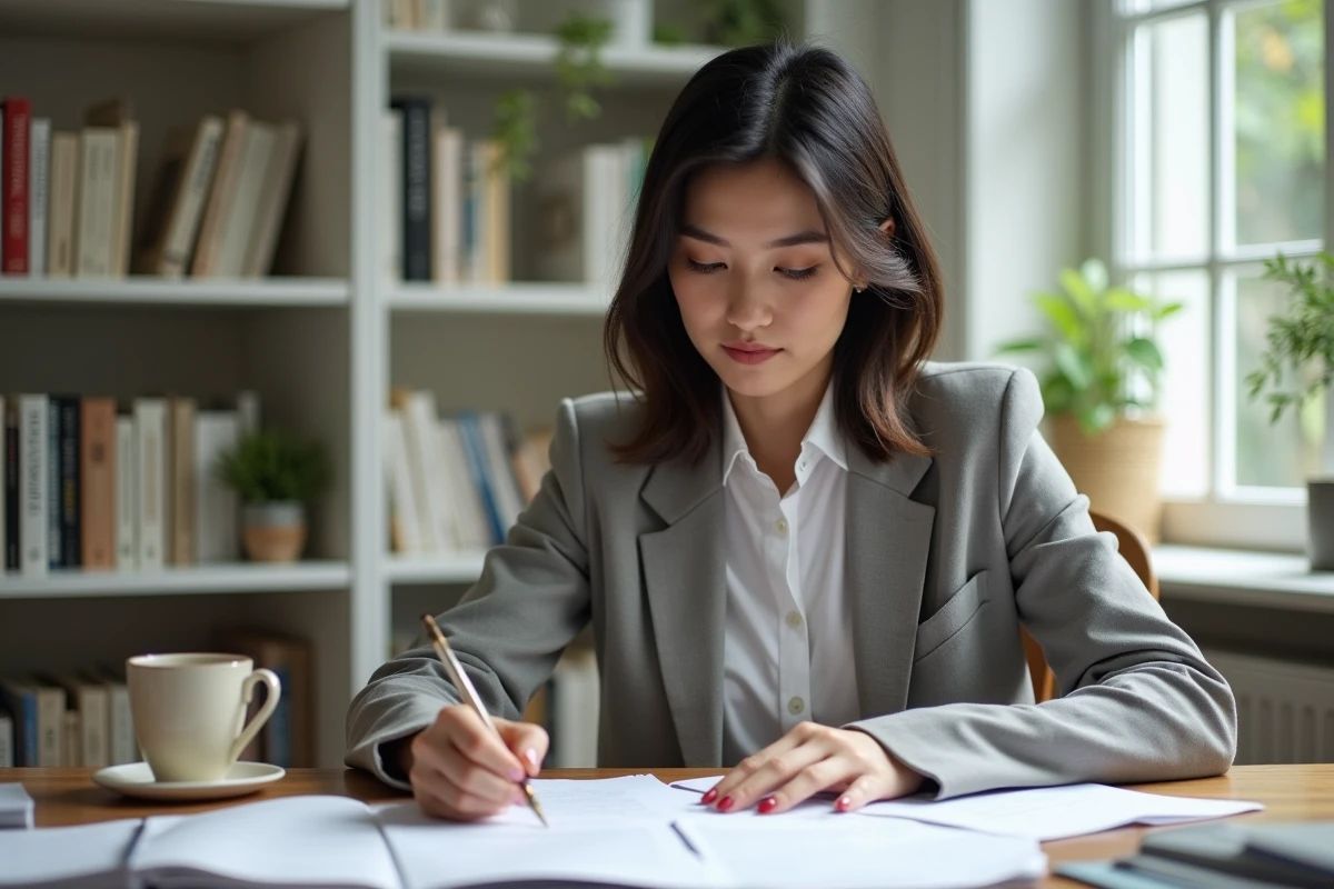 Femme concentrée travaillant dans un bureau à domicile moderne, symbolisant les projets professionnels et personnels d'une personnalité publique en 2026