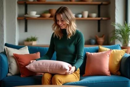 Femme arrangeant des coussins colorés sur un canapé en velours bleu