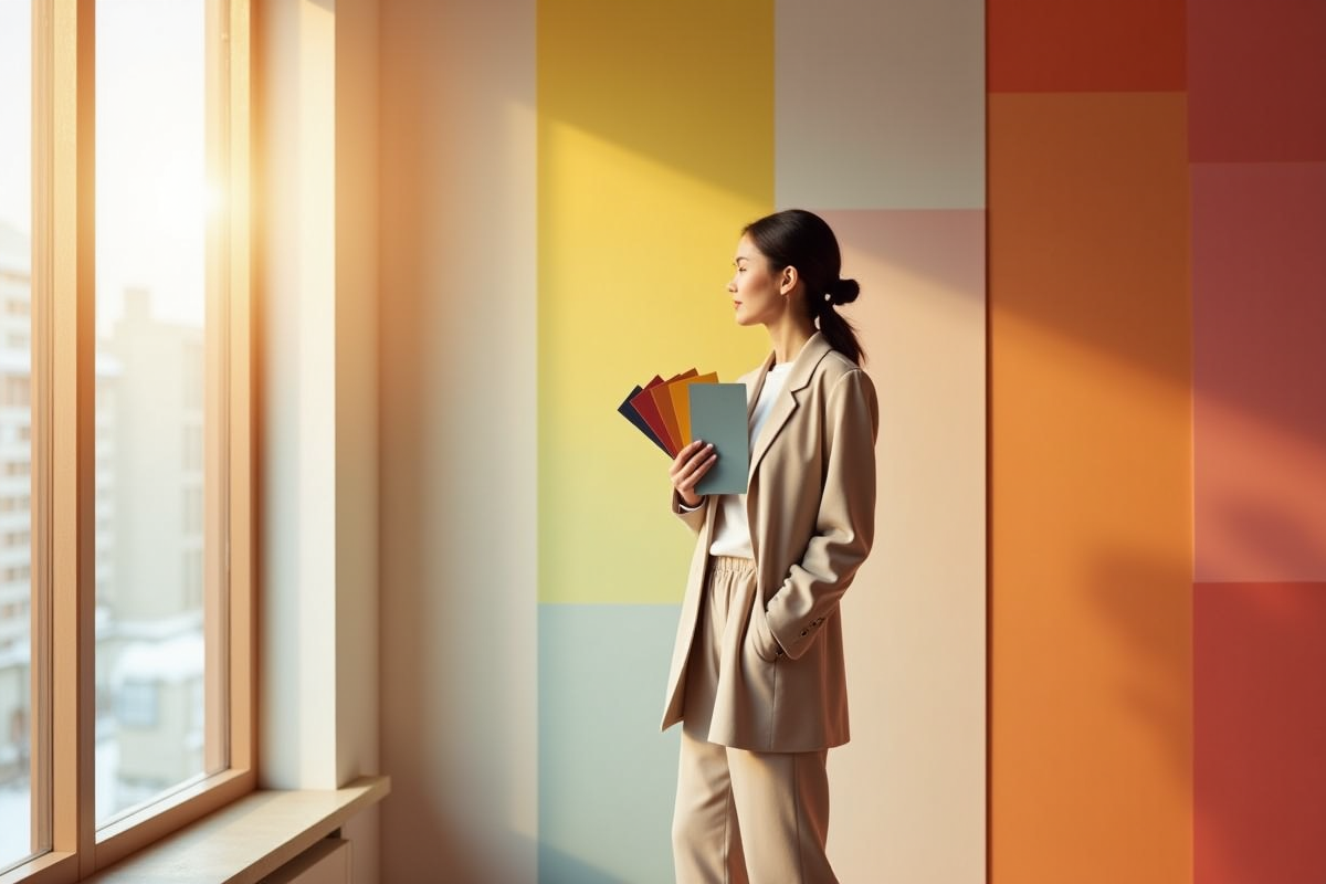 Femme élégante devant un mur de palettes de couleurs