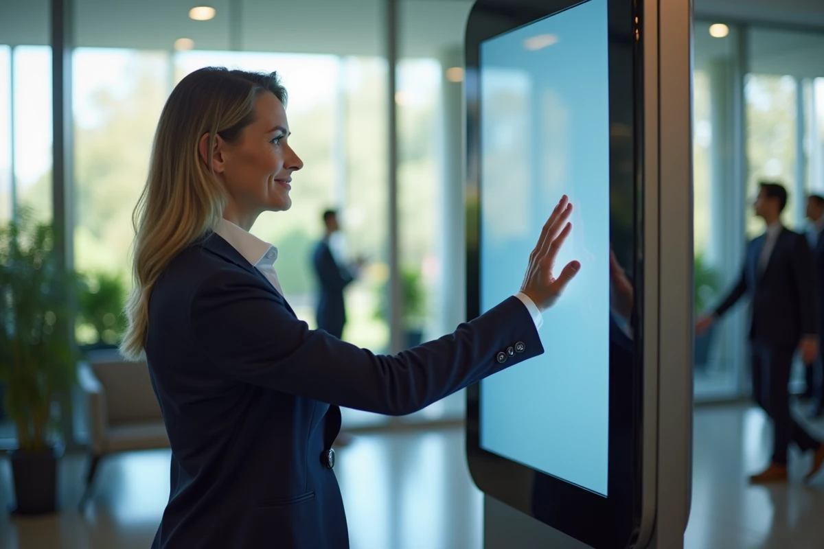 Femme cadre utilisant un photo booth dans un lobby moderne