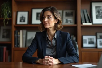 Femme journaliste élégante assise à un bureau en bois dans un bureau éditorial, regard discret et posture réservée évoquant la vie privée
