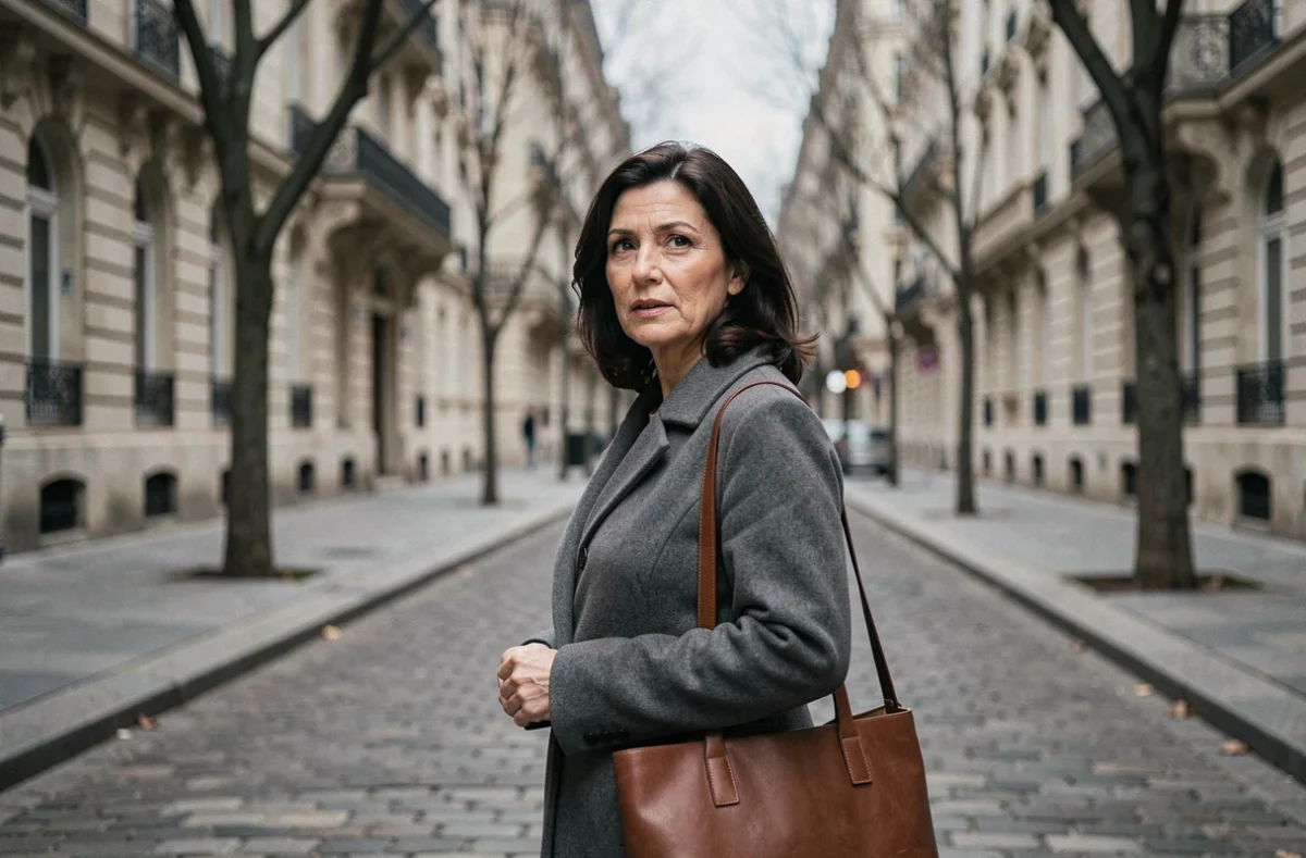 Femme journaliste marchant dans une rue parisienne, évoquant la vie publique et personnelle d'une figure médiatique française