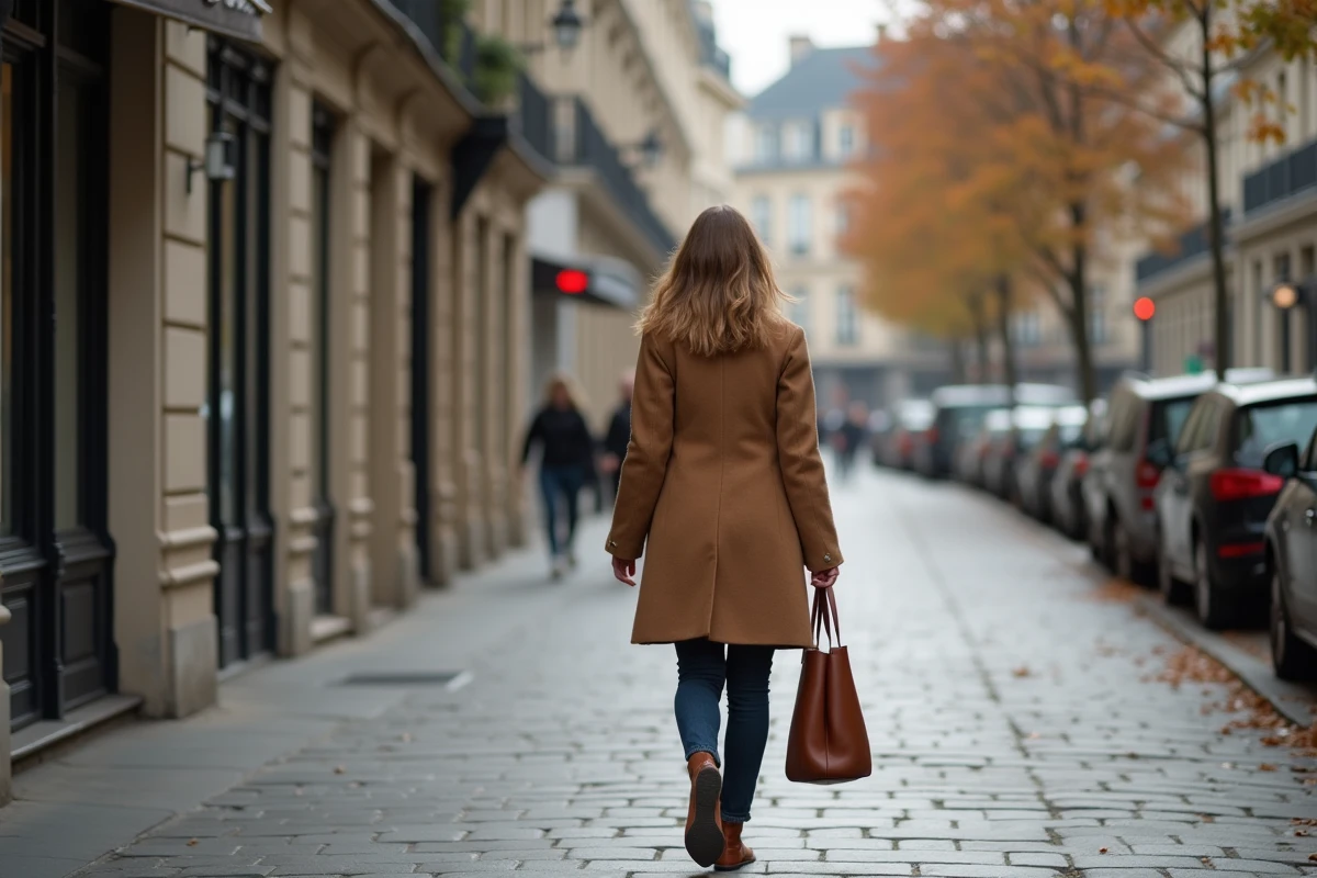 Femme en manteau camel marchant seule dans une rue parisienne pavée, silhouette discrète évoquant l'anonymat et la vie privée