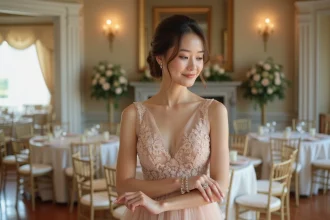 Femme en robe de mariée ajustant un bracelet dans une salle élégante