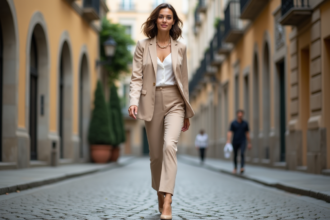 Femme élégante en tailleur beige marche dans la ville