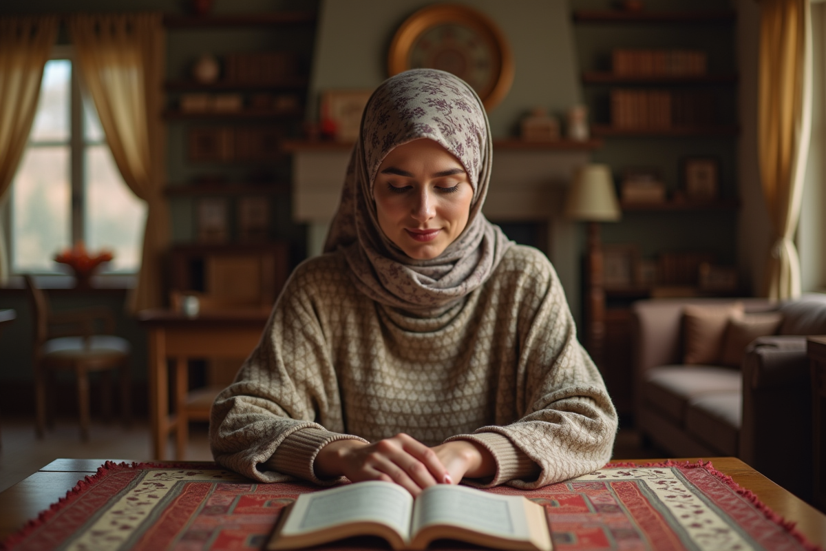 Femme musulmane lisant le Quran dans un intérieur chaleureux