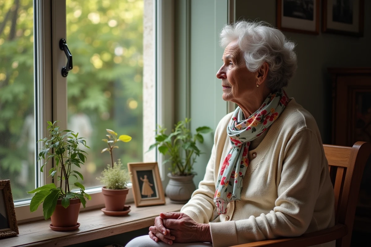 Femme pensive assise près d une fenêtre dans un intérieur chaleureux